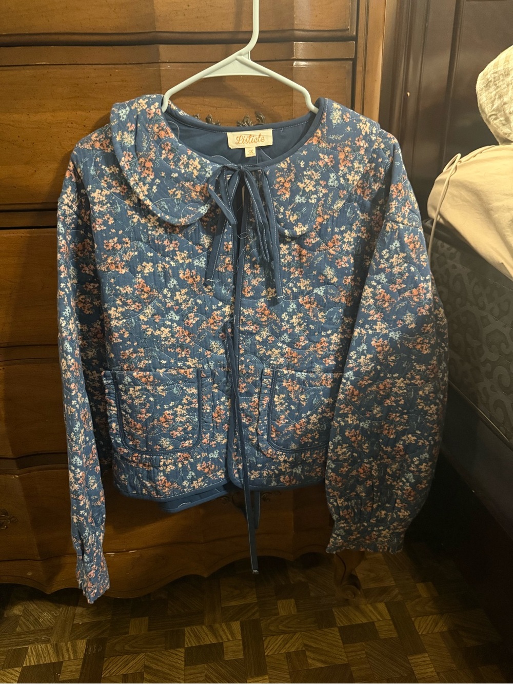 Blue Floral Quilted Jacket with Peter Pan Collar